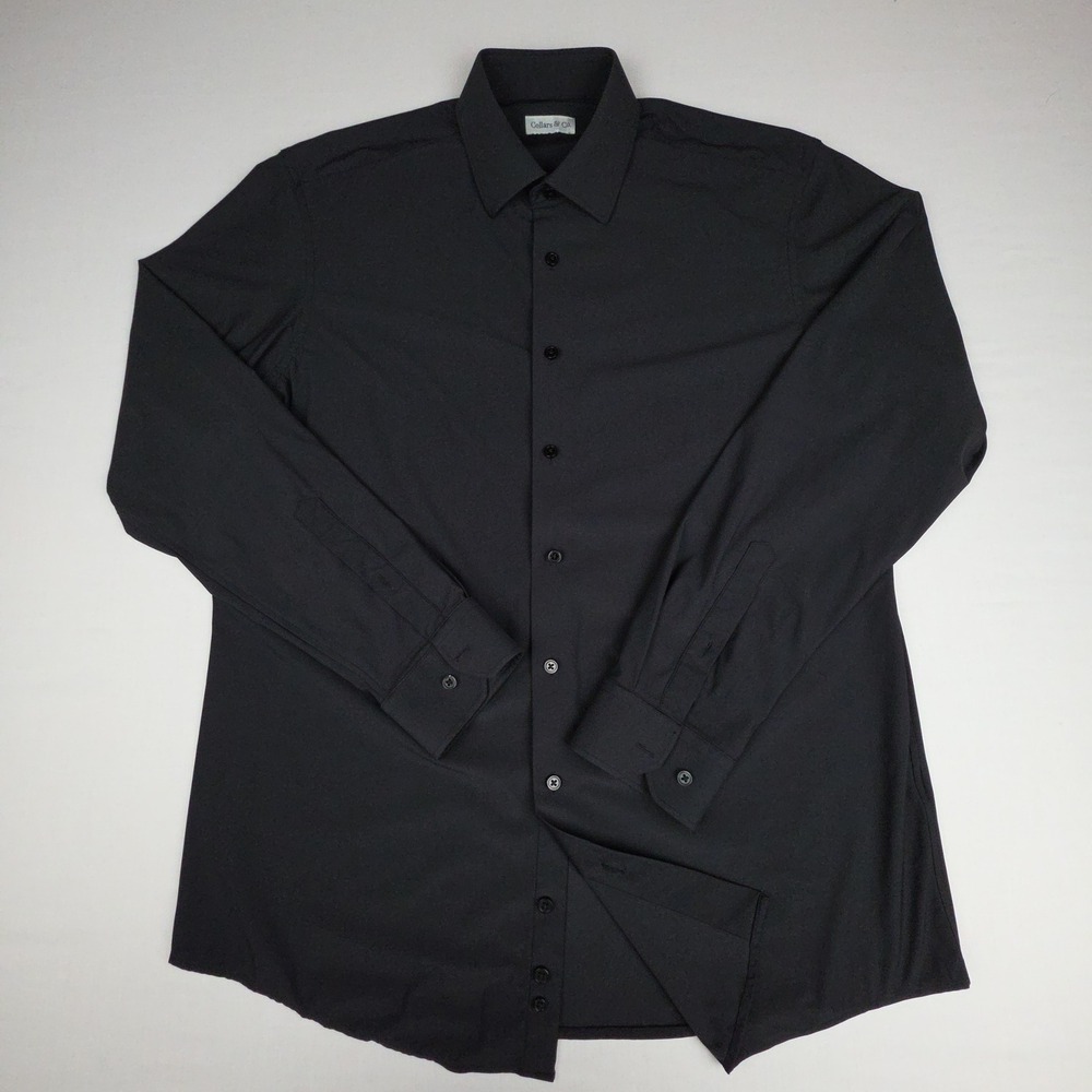 Collars & Co. Mens Large Long Sleeve Dress Shirt Black Stretch Nylon Spandex